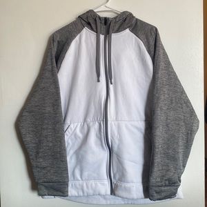 Men’s white and grey zip up hoodie.